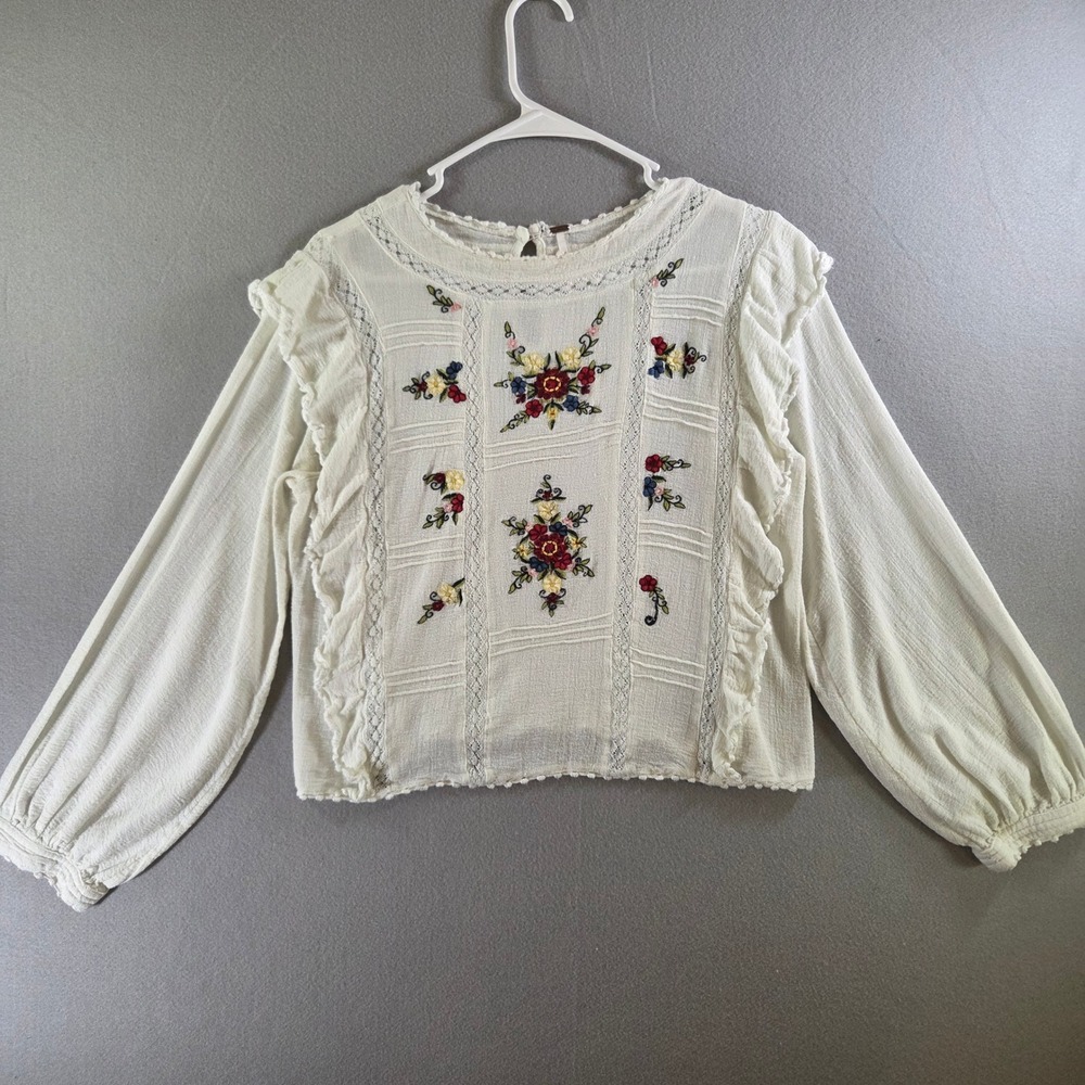 Free People Ivory Floral Embroidered Ruffle Lace Peasant Top Cottagecore Large